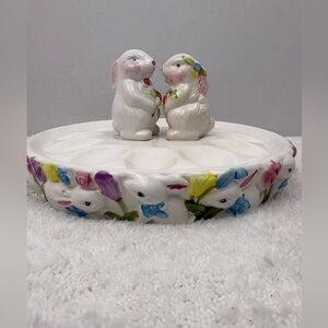 Vintage Mervyn’s Easter Egg Tray with Bunny Salt and Pepper Shakers.